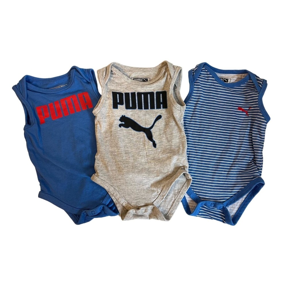 Puma Baby‎ Boys 3-6M Bodysuits 3 Pack Blue Gray Striped Sleeveless Snap